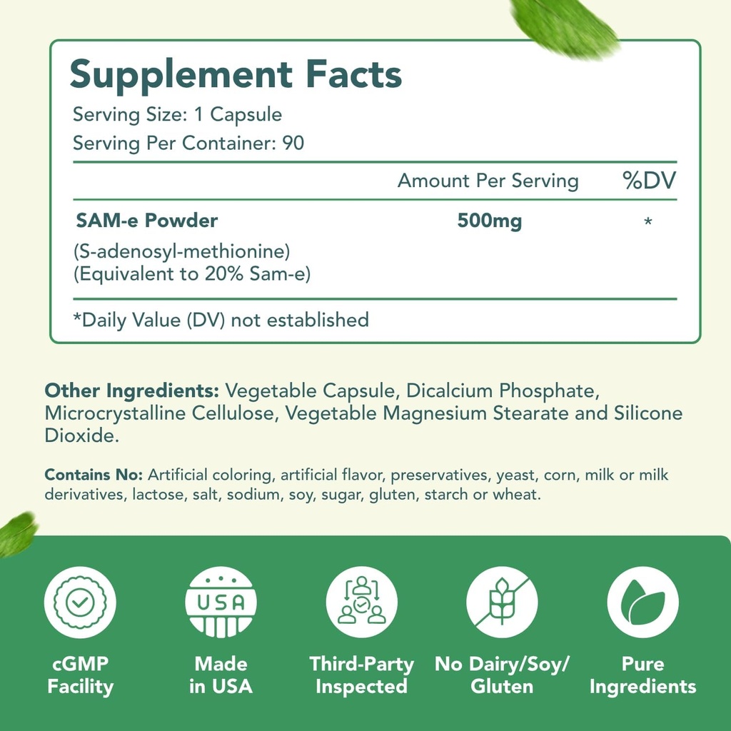 Healthy Way 500mg SAM-e Supplement - High Strength 500mg S-Adenosyl-L-Methionine Capsules for Joint Brain Liver and Mood Support - Non-GMO High Absorption Same Supplement (90 Servings) 3