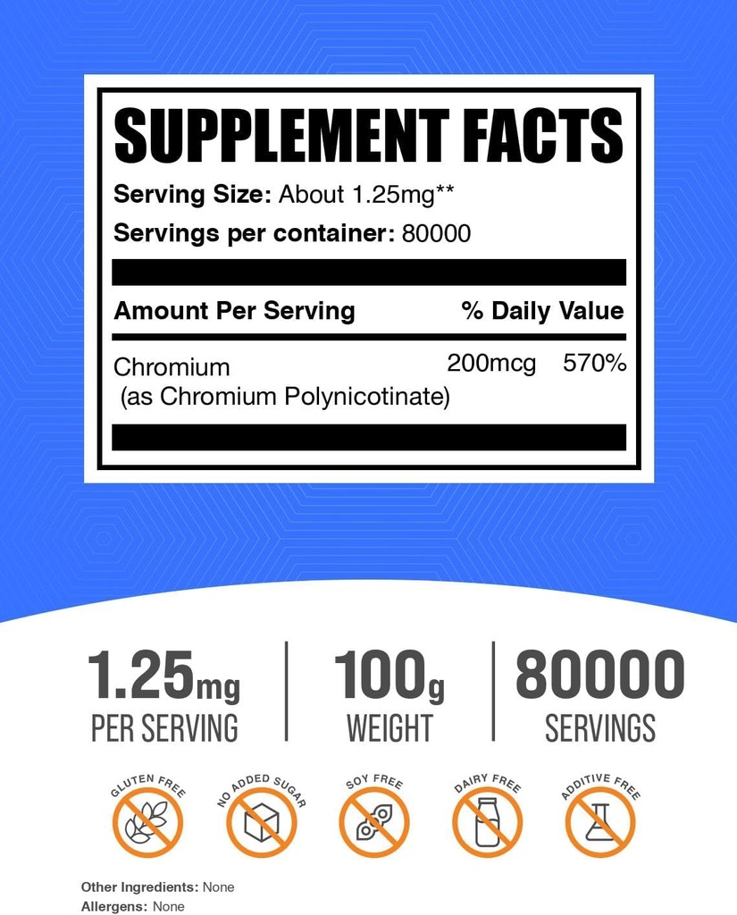 BulkSupplements.com Chromium GTF Powder - Chromium Polynicotinate - Gluten Free & Yeast Free, 1.25mg per Serving (200mcg), 100g (3.5 oz) (Pack of 1) 3