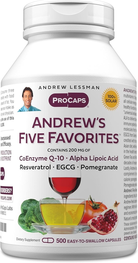 ANDREW LESSMAN Andrew's Five Favorites 500 Capsules - Provides 200mg Each of Coenzyme Q-10, Resveratrol, EGCG, Pomegranate and Alpha Lipoic Acid, Powerful Anti-Oxidant Support, No Additives 2