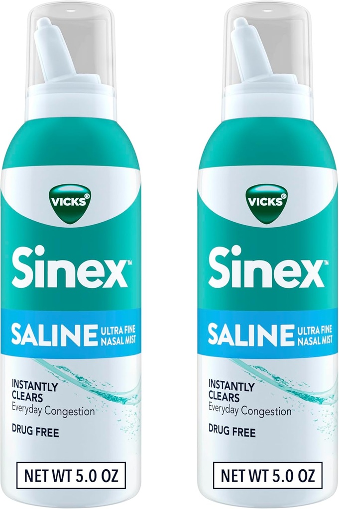 Vicks Sinex SALINE Nasal Spray, Drug Free Ultra Fine Mist, Clear Everyday Sinus Congestion Fast, Clear Mucus from a Cold or Allergy, Daily Use 5.0 fl oz x 2 2