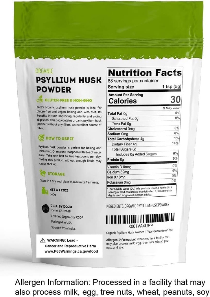 Kate Naturals Psyllium Husk Powder for Baking, Fiber & Digestion. Psyllium Seed Powder for Dogs & Cats (12oz, Organic, Gluten Free, Pet Safe) 6