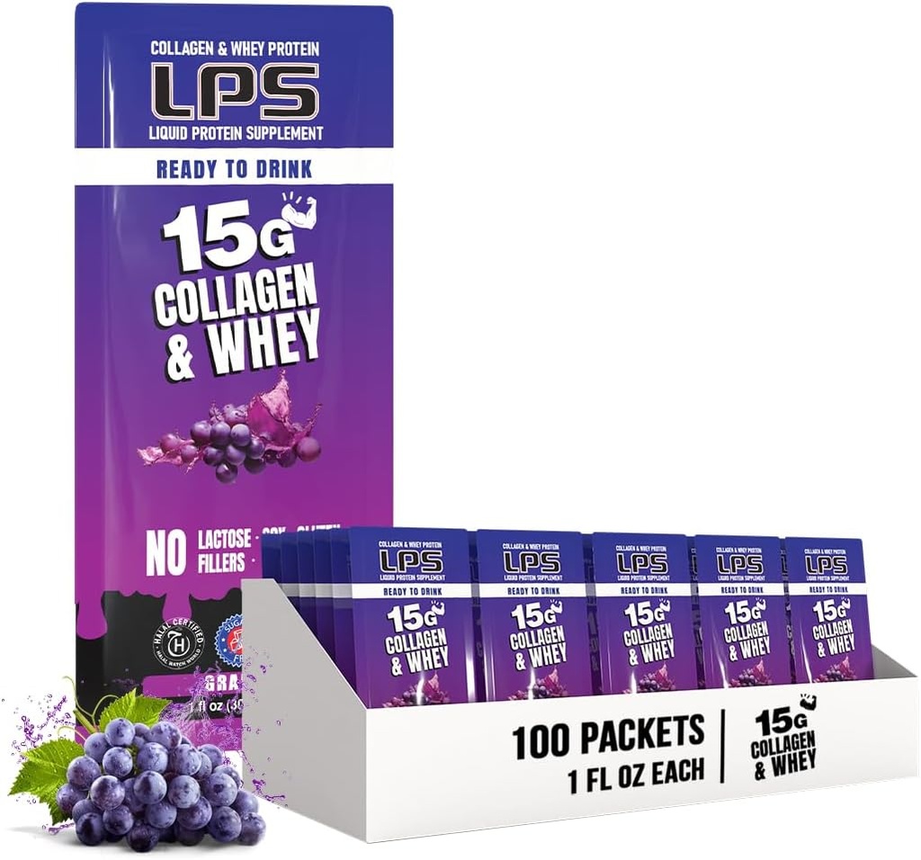 Nutritional Designs LPS Liquid Collagen & Whey Protein Supplement - Non-GMO Drink, Sugar-Free - Promotes Healthy Skin & Hair for Men & Women, Grape, Single Serve (100 Packets) 2