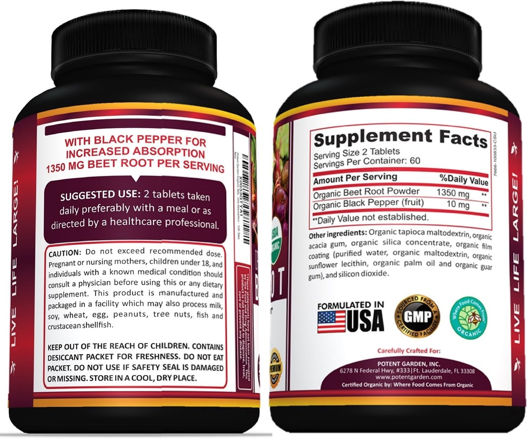 Potent Garden Organic Beet Root 1350 mg with Black Pepper – 120 Vegan Tablets 6