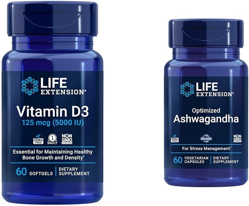 Life Extension Vitamin D3 5000 IU, Ashwagandha - Stress Relief, Focus, Memory, Mood Support - Non-GMO Supplement Bundle 2