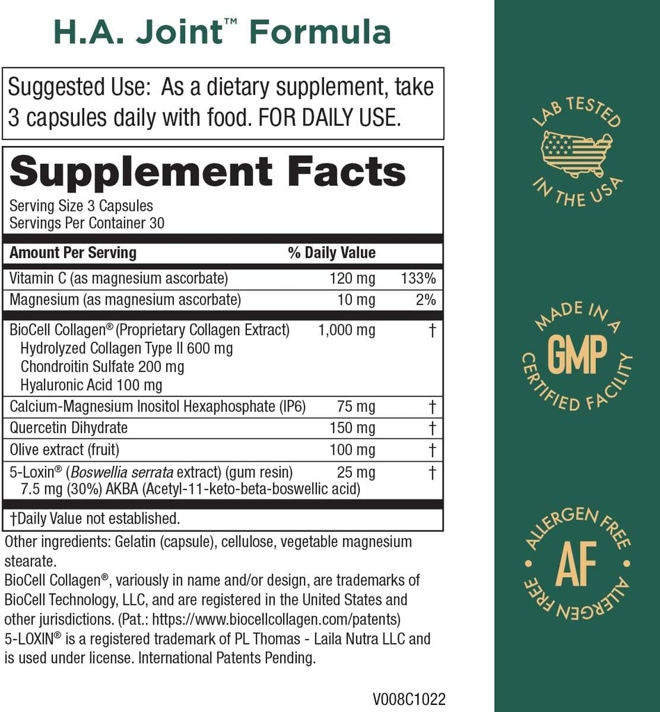 Purity Products HA Joint Formula Hyaluronic Acid + Key CoFactors - Joint + Skin Multi Collagen (Type I, II & III) - 5-Loxin - Olive Fruit Extract - Joint Flexibility + Mobility - 90 Capsules (3) 3