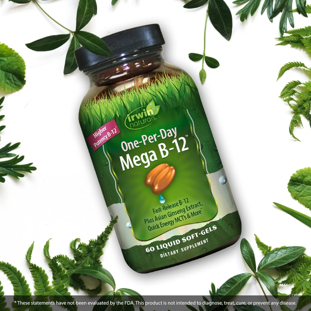 Irwin Naturals One-Per-Day Mega B-12 1,500mcg High Potency Methylcobalamin Vitamin - Fast Enhanced Absorption with MCT + Asian Ginseng - Natural Energy Boost - 60 Liquid Softgels 6