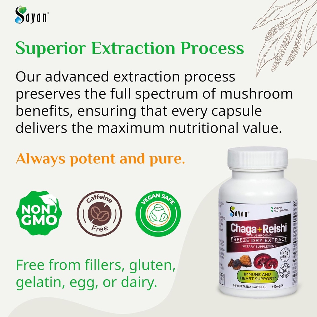 Sayan Siberian Chaga and Organic Reishi Mushroom Extract Supplement – 90 Capsules/440mg Each - Wild-Harvested, Antioxidant Blend for Immune System Support + Natural Energy Boost, Non-GMO, Gluten Free 4