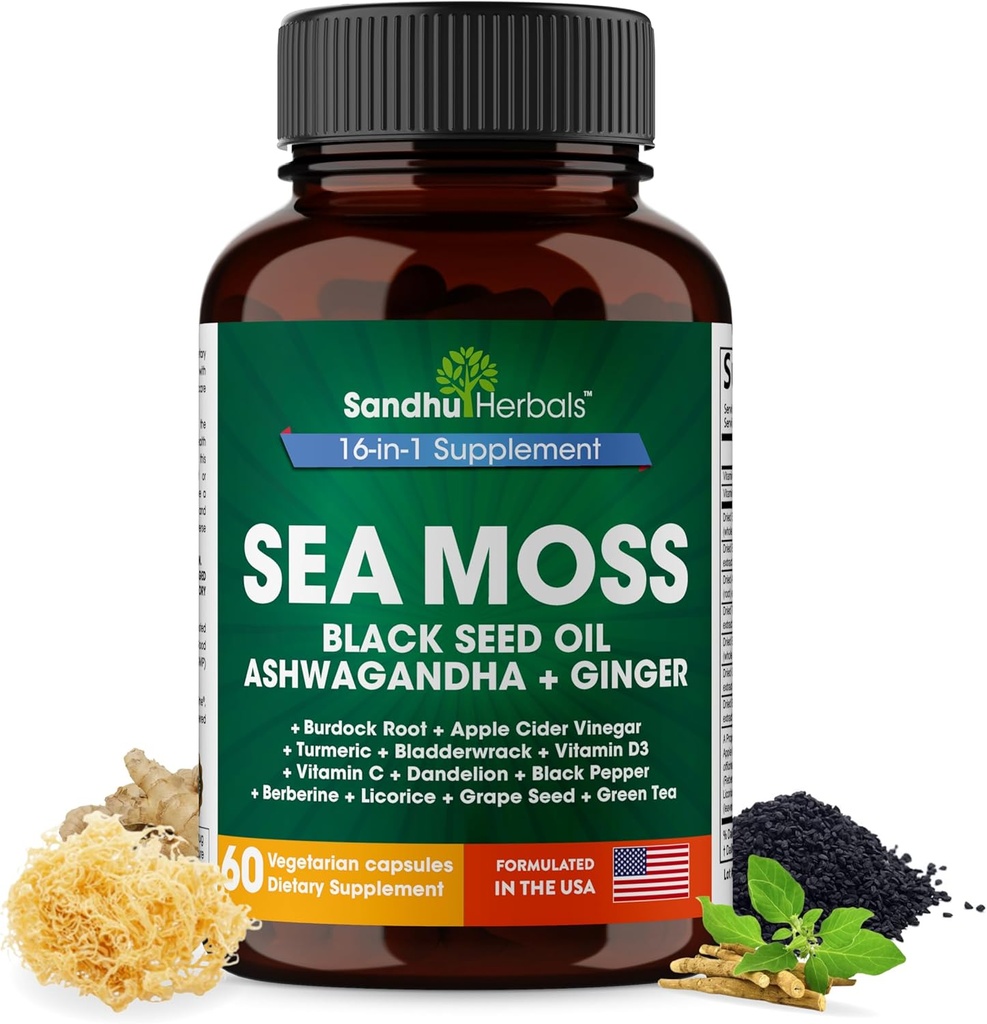 SANDHUHERBALS Sea Moss Capsules with Black Seed Oil Ashwagandha Ginger Burdock Root | Advanced Seamoss 60 Count | All Men Women Age 2