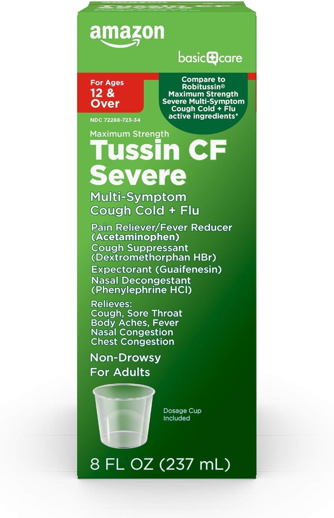 Basic Care Tussin Severe CF Max Syrup, Multi-Symptom Cough, Cold and Flu Liquid Medicine, Non-Drowsy, Relieves Cough, Sore Throat, Body Aches, Fever, Nasal and Chest Congestion, 8 fl oz 2