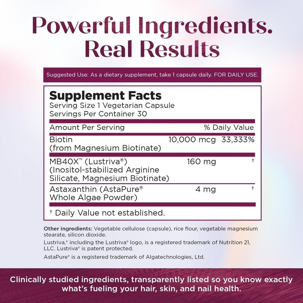 Purity Products MyBiotin ProClinical – Thicker Hair Starting in 3 Weeks & Fights Wrinkles - MB40X Patented Biotin Vitamin B7 Matrix w/Astaxanthin - 40X More Soluble vs Ordinary Biotin, 30 Veg Capsules 5