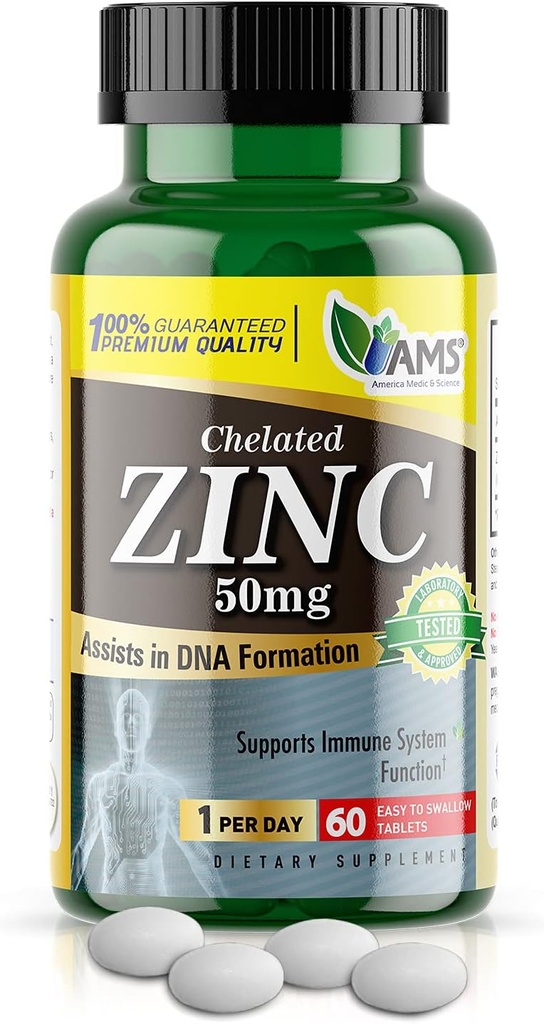America Medic & Science Chelated Zinc 50 mg Supplements (1 Pack of 60 Tablets) Immune Booster and Powerful Antioxidant Pills for Adults Men and Women | Highly Absorbable Mineral, Improves Mood & Sleep 2