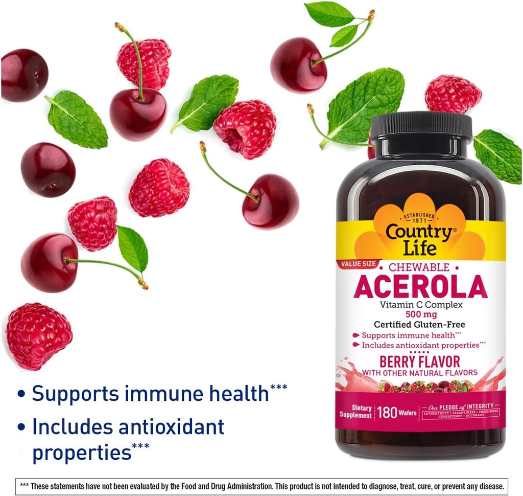 Country Life Acerola Vitamin C Complex, 500mg, Chewable Berry Flavored Wafers, Supports Immune Health, 180 Wafers, Certified Gluten Free by GFCO , Certified Vegan by AVA 3
