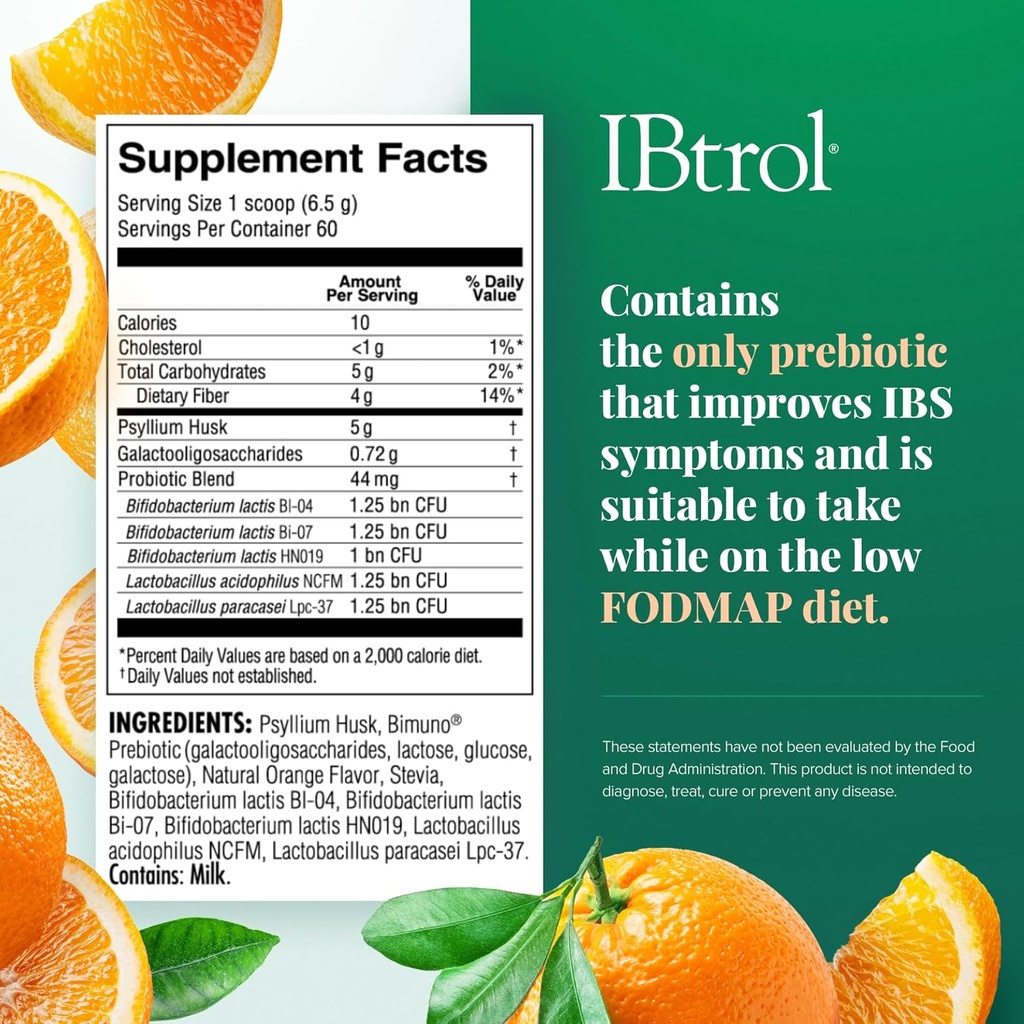 IBtrol® 3–in–1 IBS Gut Health Supplement with Psyllium, Prebiotic and Probiotics, Manages IBS Symptoms, Gas, Bloating, Diarrhea, Constipation, Abdominal Pain 60 Servings (Natural Orange Flavor) 3