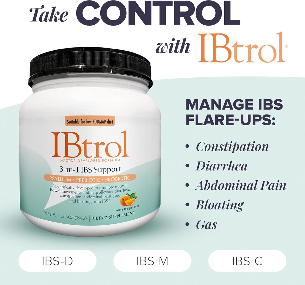 IBtrol® 3–in–1 IBS Gut Health Supplement with Psyllium, Prebiotic and Probiotics, Manages IBS Symptoms, Gas, Bloating, Diarrhea, Constipation, Abdominal Pain 60 Servings (Natural Orange Flavor) 4
