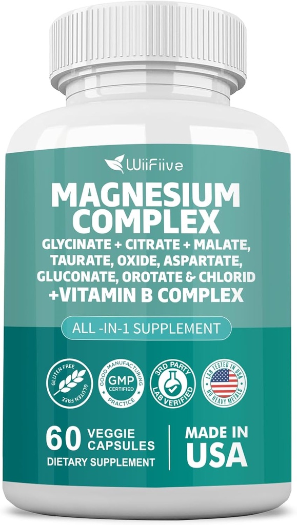 Magnesium Complex Supplement, Clycinate 141mg Oxide 228mg Malate 58.5mg Citrate 62.4mg with Orotate Glycina Taurate Chloride Aspartate Gluconate Vitamin B, Max Absorption, Gluten-Free, Non-GMO 2