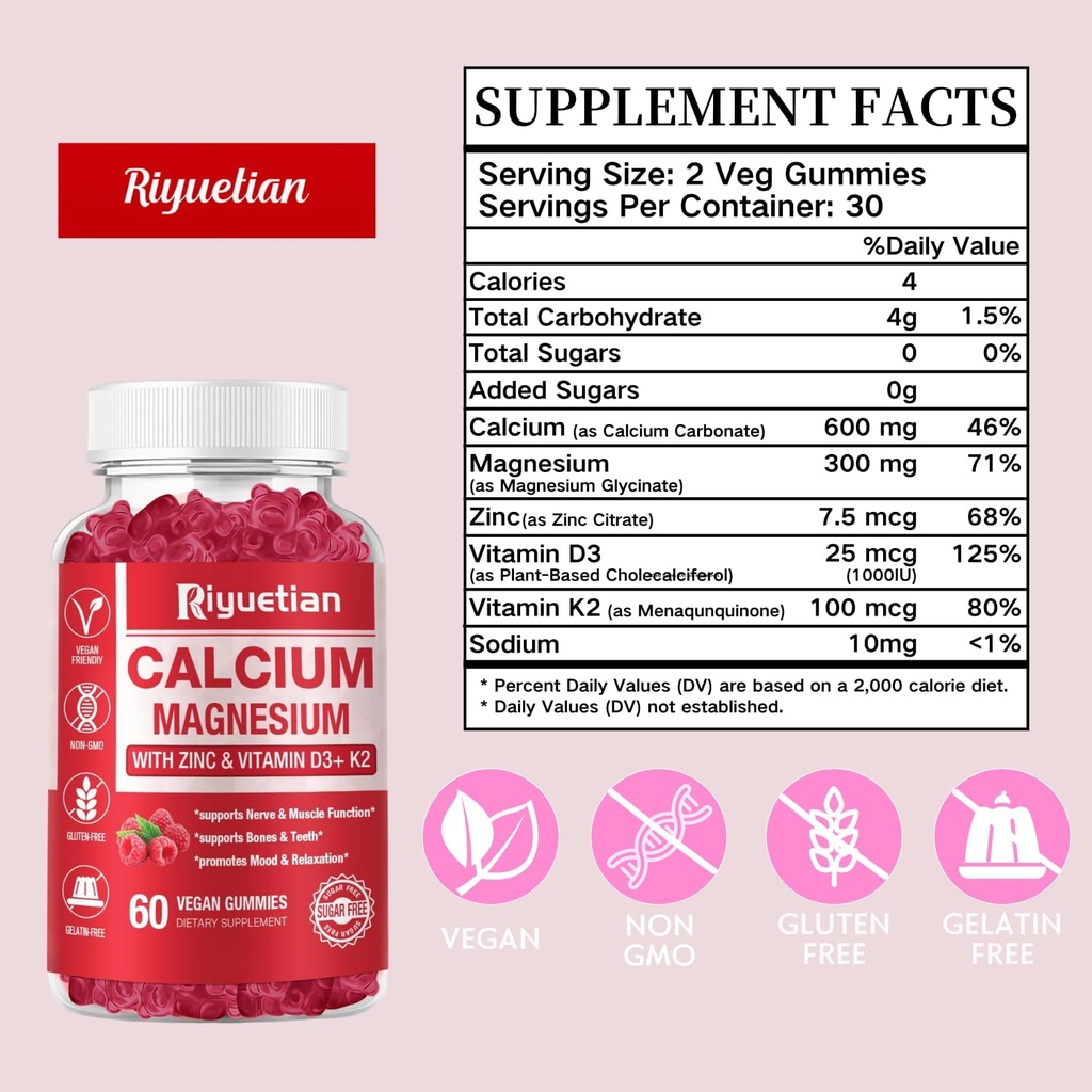 Calcium Gummies + Magnesium & Zinc with Vitamin D3 & K2, High Absorption Calcium Supplement for Bone, Teeth & Immune Support, Non GMO, Vegan, 120 Count 6