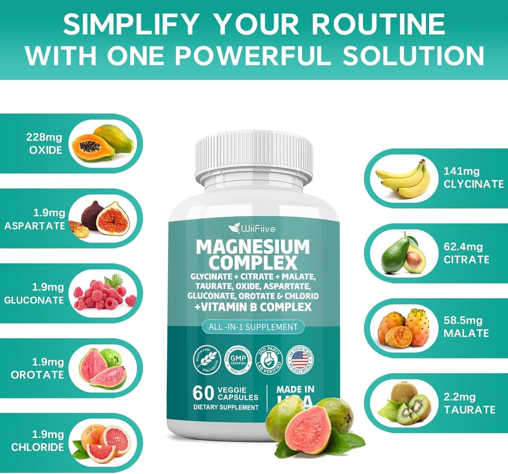 Magnesium Complex Supplement, Clycinate 141mg Oxide 228mg Malate 58.5mg Citrate 62.4mg with Orotate Glycina Taurate Chloride Aspartate Gluconate Vitamin B, Max Absorption, Gluten-Free, Non-GMO 3