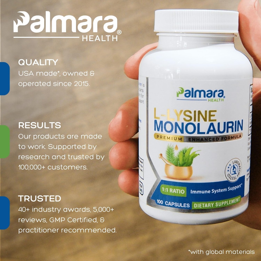 Palmara Health L-Lysine + Monolaurin 600mg 1:1 Ratio (2) 2