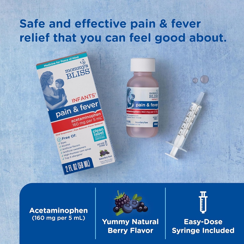 Mommy's Bliss Infants' Pain and Fever Reducer, Baby Acetaminophen, Dye Free, Delicious Mixed Berry Flavor, Ages 2+, 2 Fluid Ounces 3
