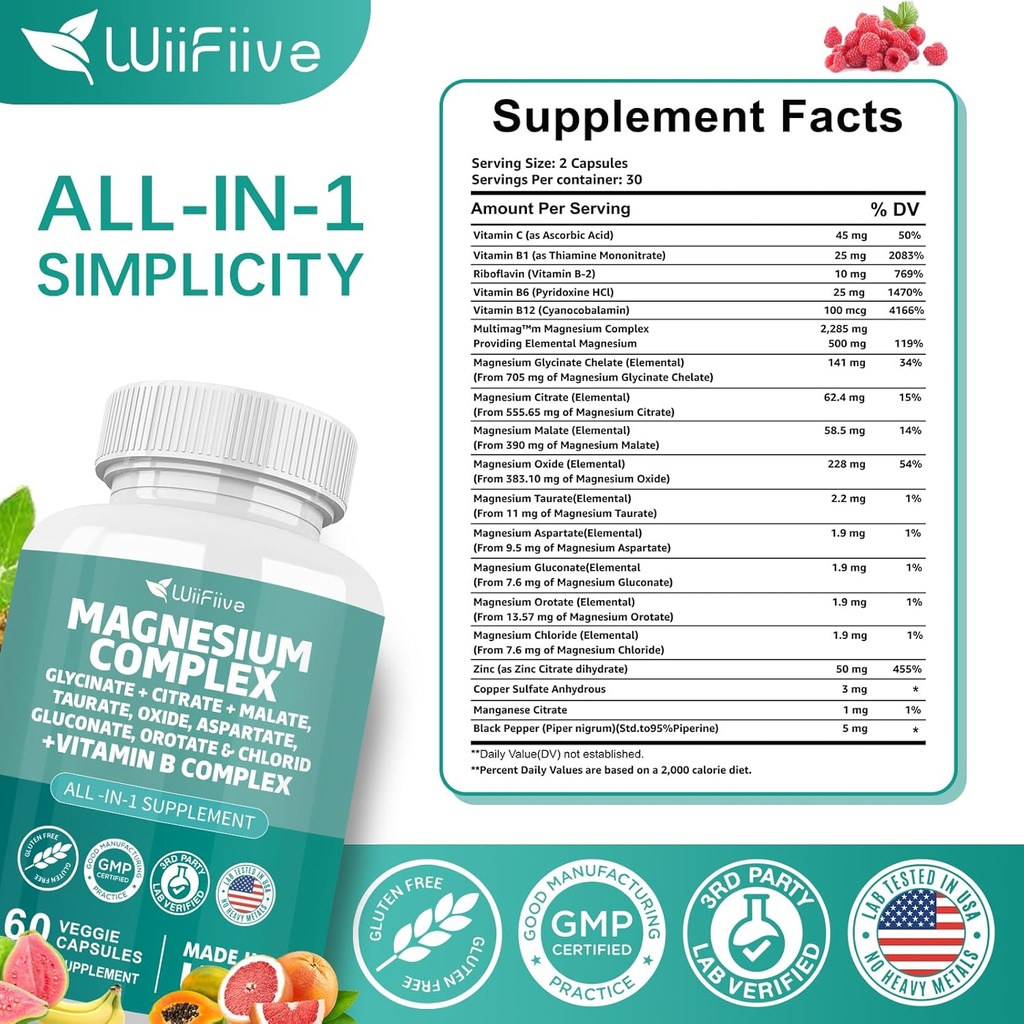 Magnesium Complex Supplement, Clycinate 141mg Oxide 228mg Malate 58.5mg Citrate 62.4mg with Orotate Glycina Taurate Chloride Aspartate Gluconate Vitamin B, Max Absorption, Gluten-Free, Non-GMO 5