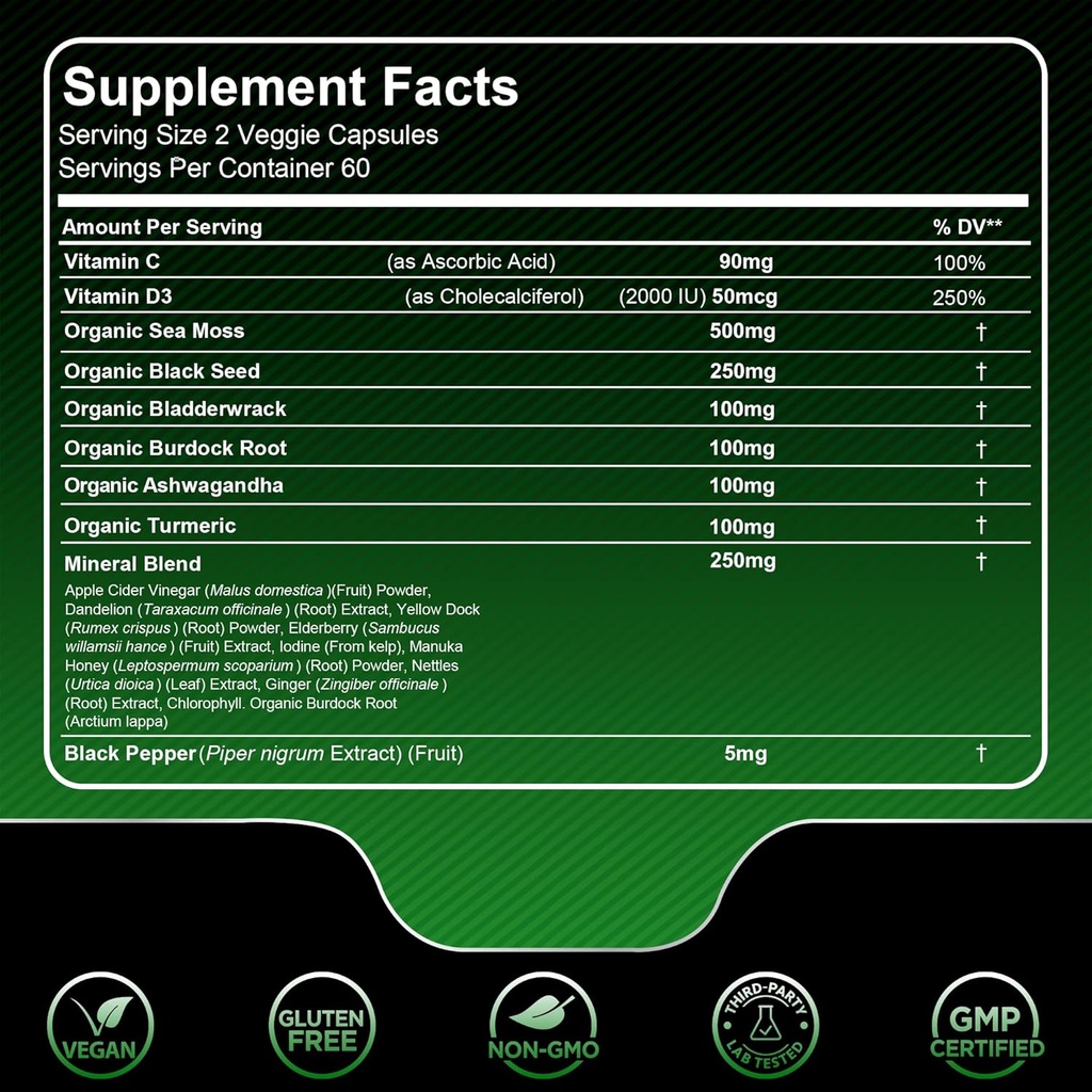 Irish Sea Moss Capsules, 17-in-1, Seamoss Black Seed Oil, 120 Count, Ashwagandha Burdock Root Organic Bladderwrack Capsules | Organic Sea Moss Advanced, Immune and Blood Pressure Support 5