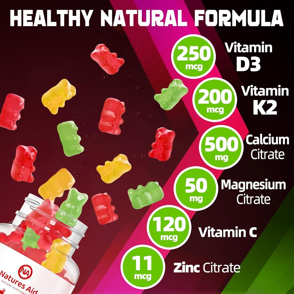 Natures Aid Sugar-Free Vitamin D3 K2 Gummies with Calcium + K2 (MK-7), Magnesium Citrate, Vitamin C, Extra Strength - Ultimate Absorption for Bone Muscle Teeth Immune, Vegan - 60 Gummies 3