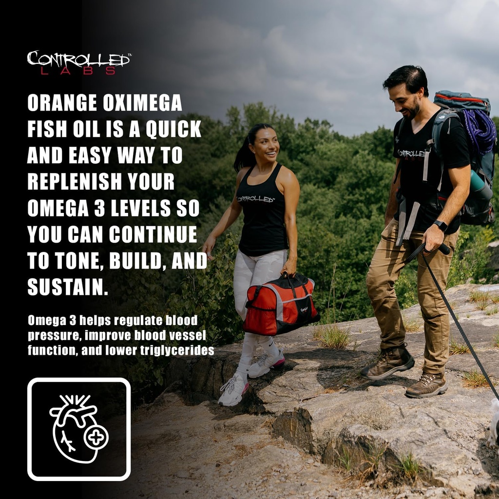 CONTROLLED LABS Orange Oximega Fish Oil Supplement 120 Softgels, EPA and DHA, 2000mg Omega- 3 Fatty Acids, Citrus-Flavor, Burpless Softgels 3