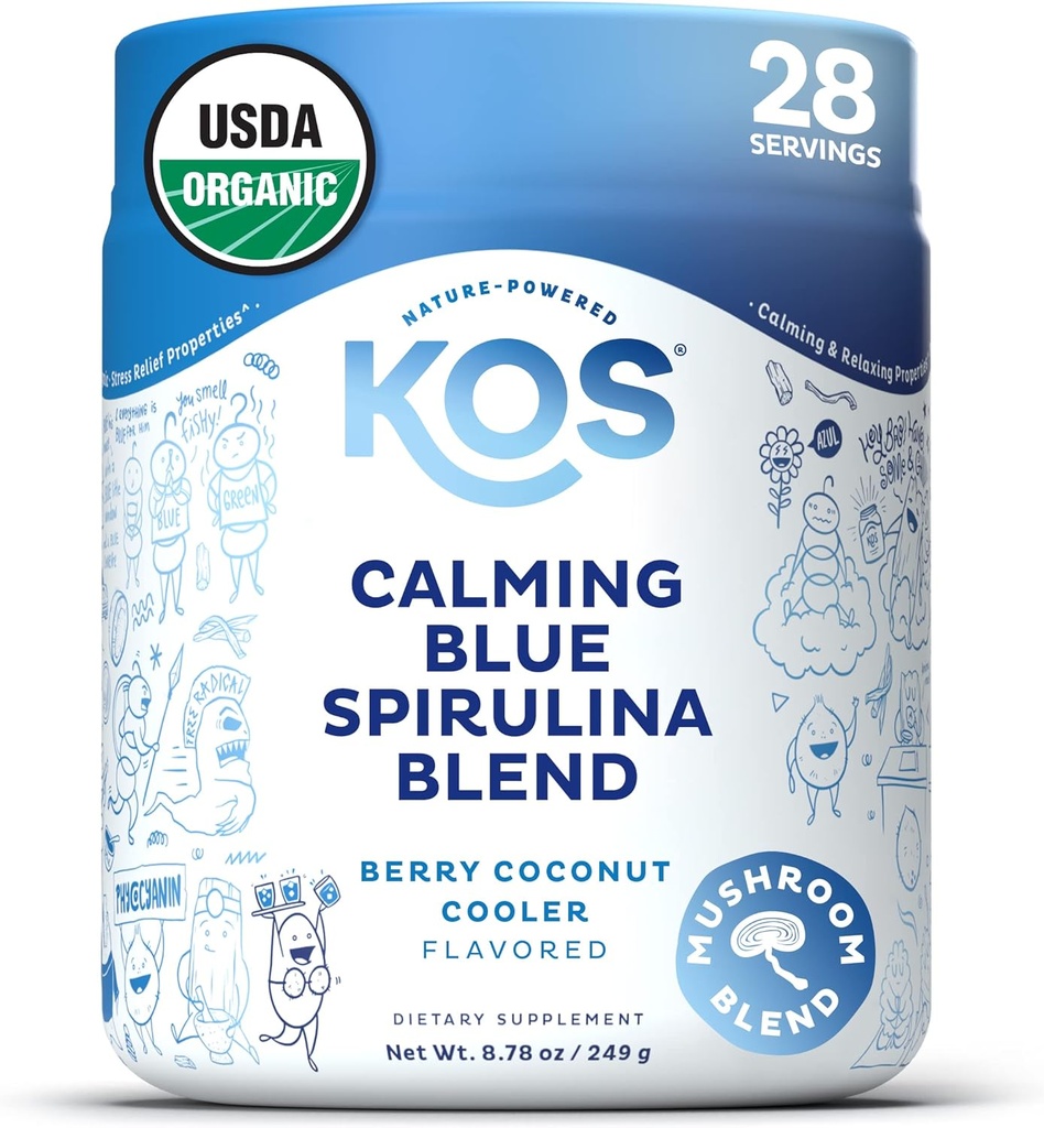KOS Calming Blue Spirulina Blend- USDA Certified Organic - Algae Superfood Powder with Ashwagandha Root, Lemon Balm, Reishi Mushroom, B Vitamins - Berry Coconut Cooler Flavor, 28 Servings 2