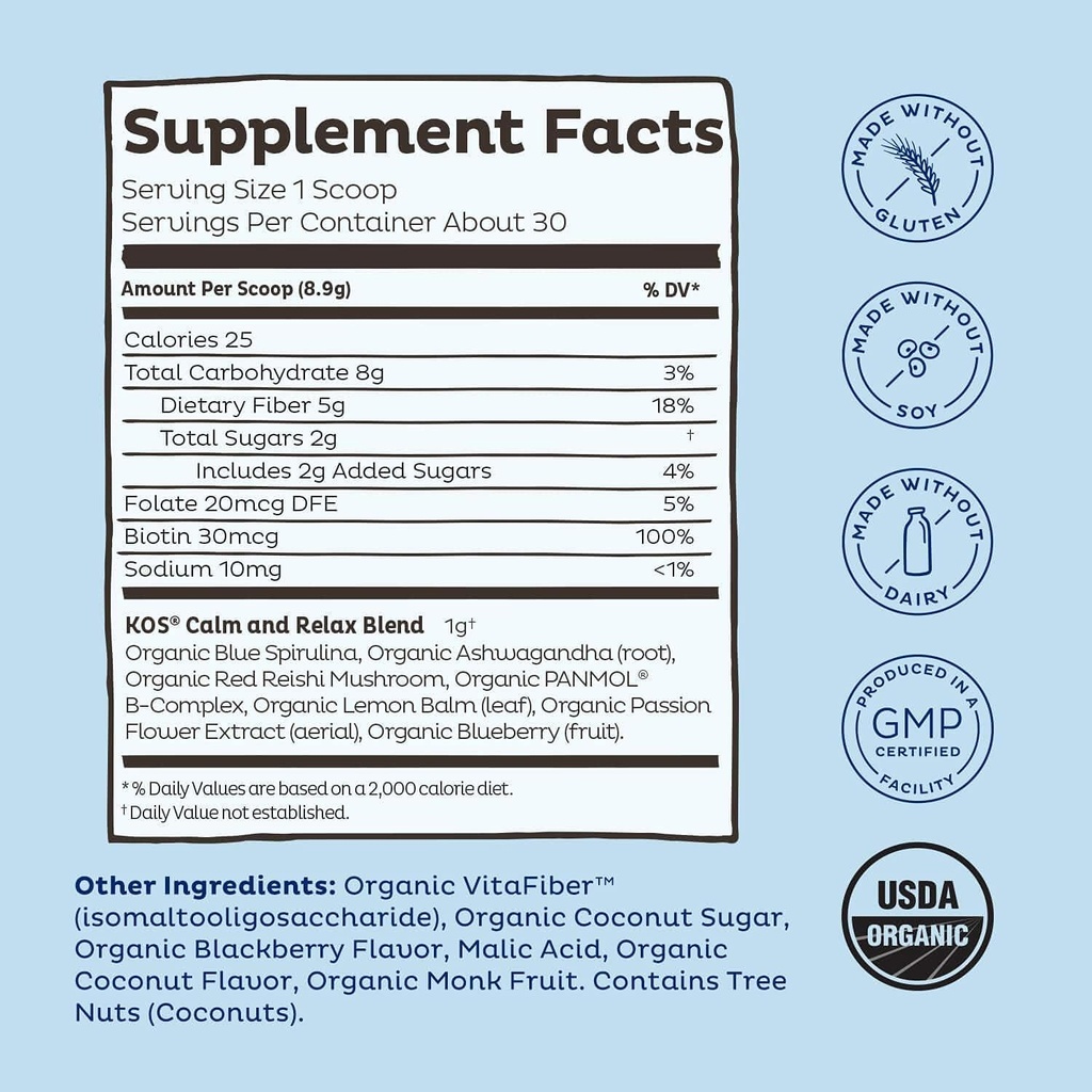 KOS Calming Blue Spirulina Blend- USDA Certified Organic - Algae Superfood Powder with Ashwagandha Root, Lemon Balm, Reishi Mushroom, B Vitamins - Berry Coconut Cooler Flavor, 28 Servings 5