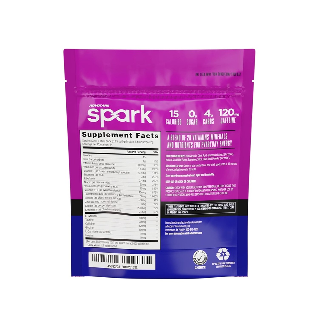 AdvoCare Spark Vitamin & Amino Acid Supplement - Focus & Energy Drink Powder Mix with Vitamin A, B-6, C & E - Also Includes L-Carnitine & L-Tyrosine - Grape, 14 Stick Packs 3