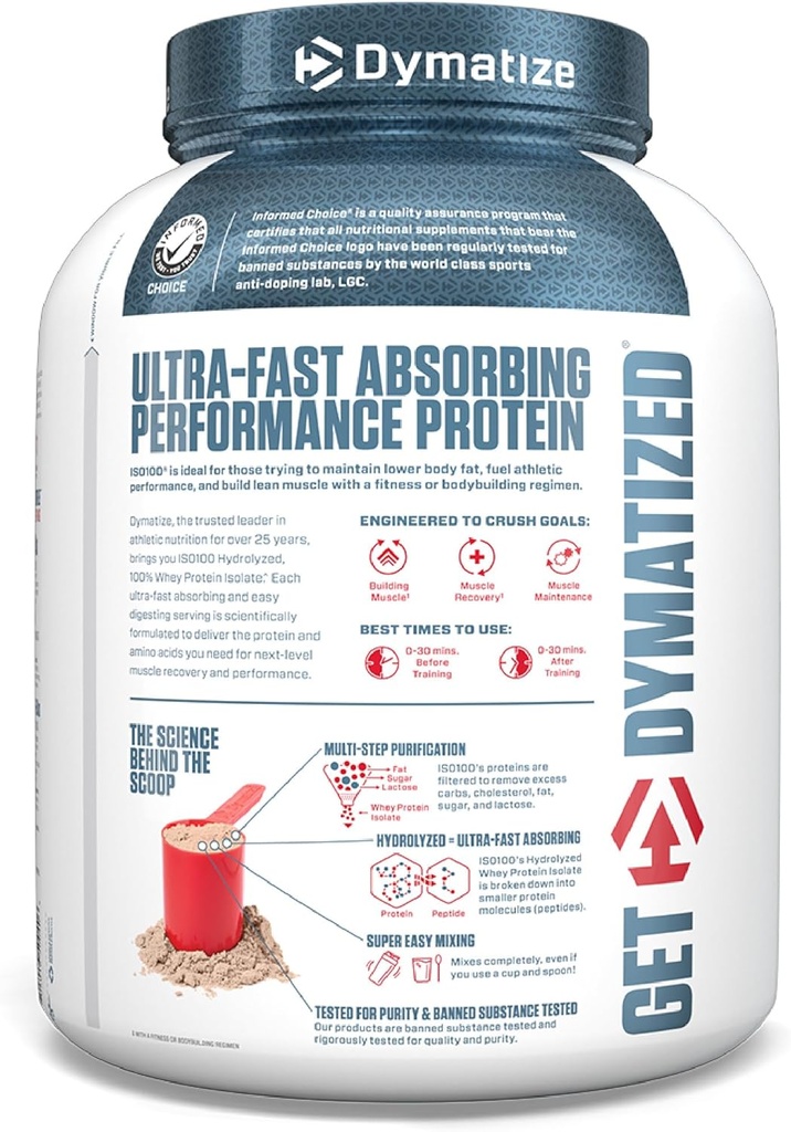 Dymatize ISO100 Whey Protein Powder Isolate, Fudge Brownie, 25g of Protein, 5 Pound, 5.5g BCAAs, Less Than 120 Cal., Gluten Free, 1g Fat, 1g Sugar, 2g Carb (70 Servings) 3