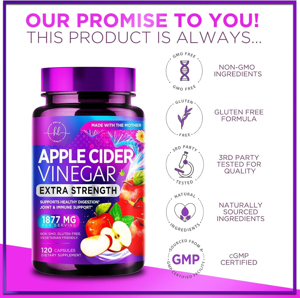 Apple Cider Vinegar Capsules 1877mg - Extra Strength ACV Pills with Vitamin D3 & Zinc - Apple Vinegar Pills Supplement for Digestion, Energy & Immune Support, Non-GMO, Bottled in USA - 120 Capsules 5