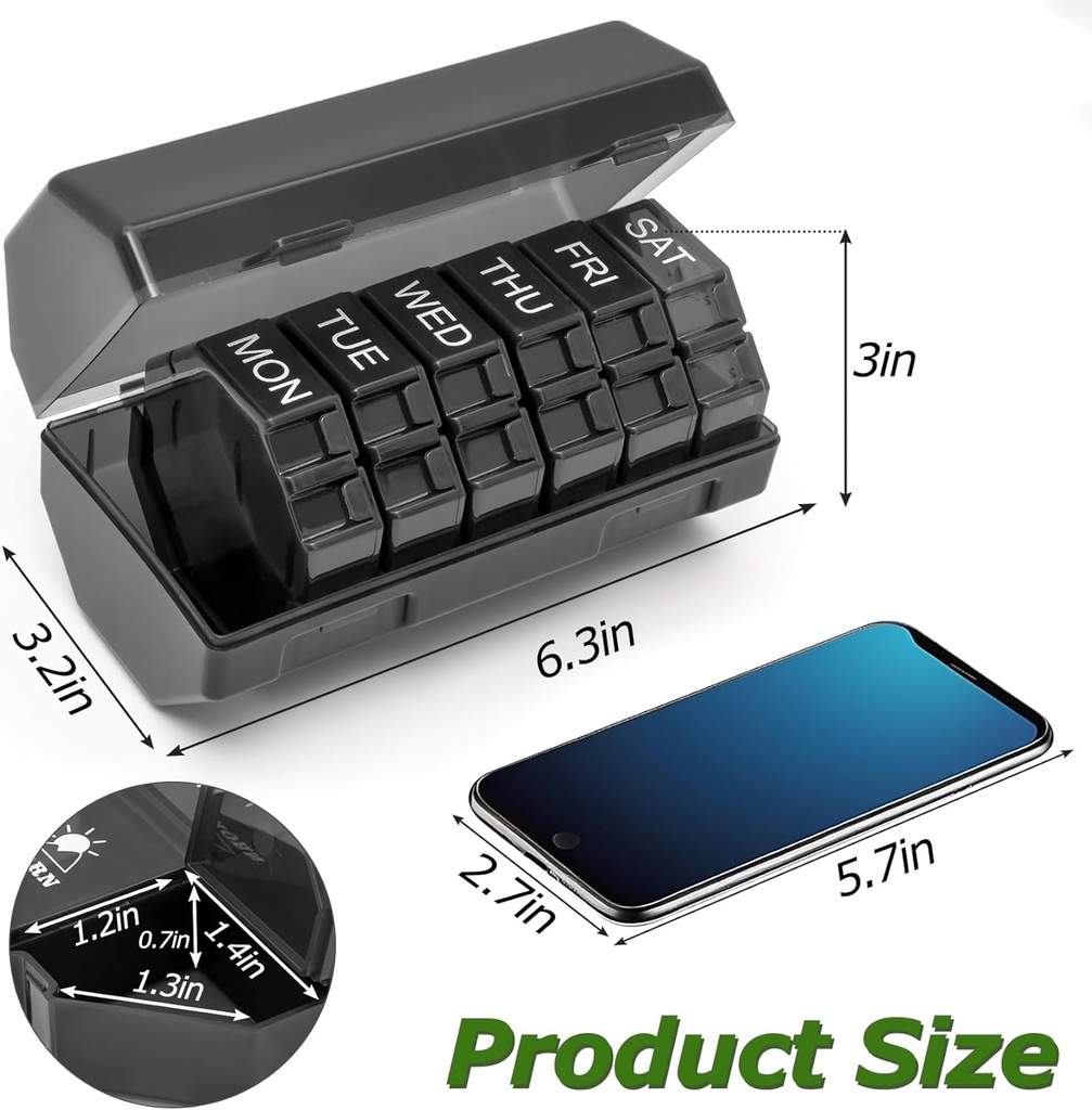 Weekly Pill Organizer 4 Times a Day, Large Pill Box 7 Day Daily Pill Case with 28 Extra Large Compartments Portable Travel Pill Container Big Medicine Organizer for Supplement Vitamin (Black) 6