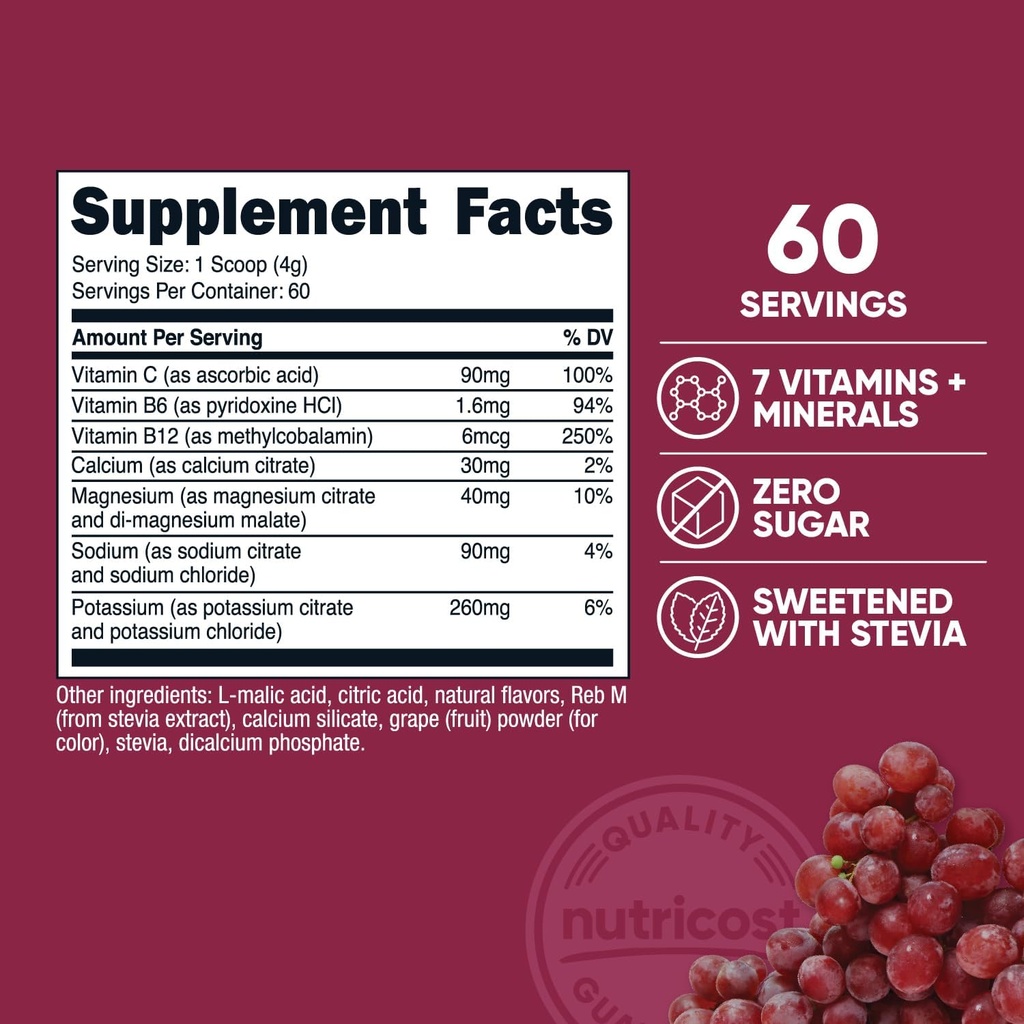 Nutricost Electrolyte Complex Powder (60 Servings, Grape) - Hydration Supplement Drink Mix with Vitamins and Minerals 3