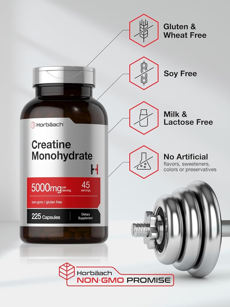 Horbäach Creatine Monohydrate | 5g | 225 Capsules | Non-GMO, Gluten Free Supplement 6