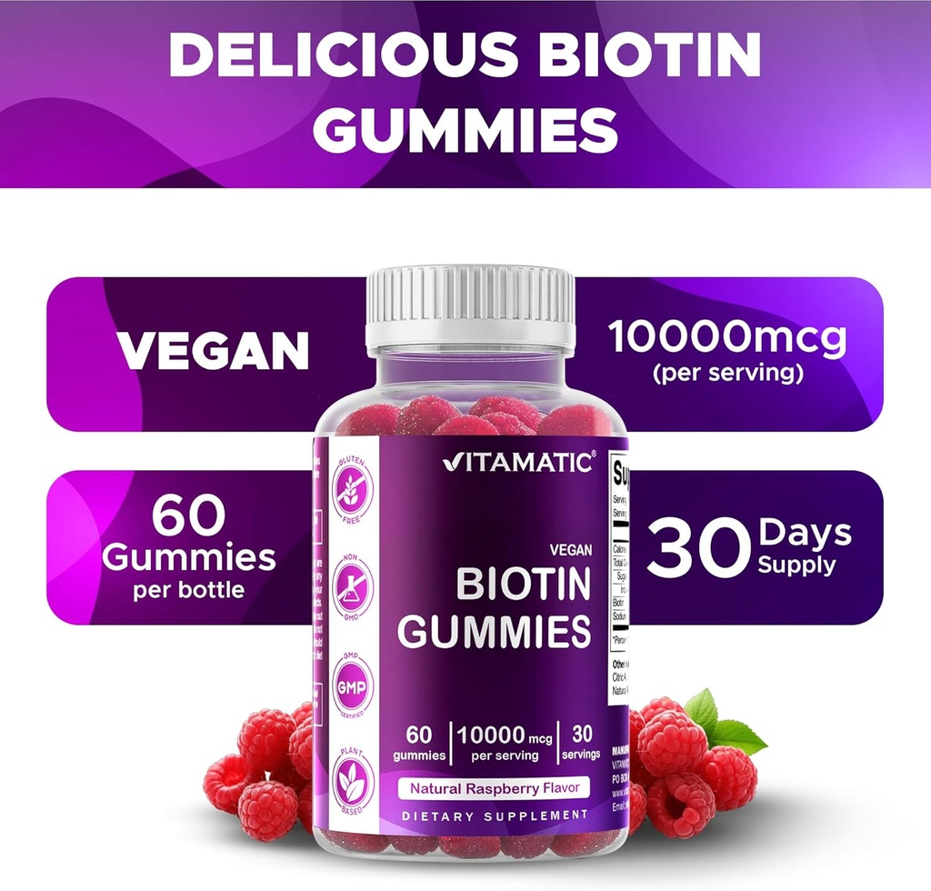 Vitamatic Biotin Gummies 10,000 mcg for Stronger Hair, Skin & Nails - 60 Vegan Gummies - Also Called Vitamin B7 (3 Bottles) 5