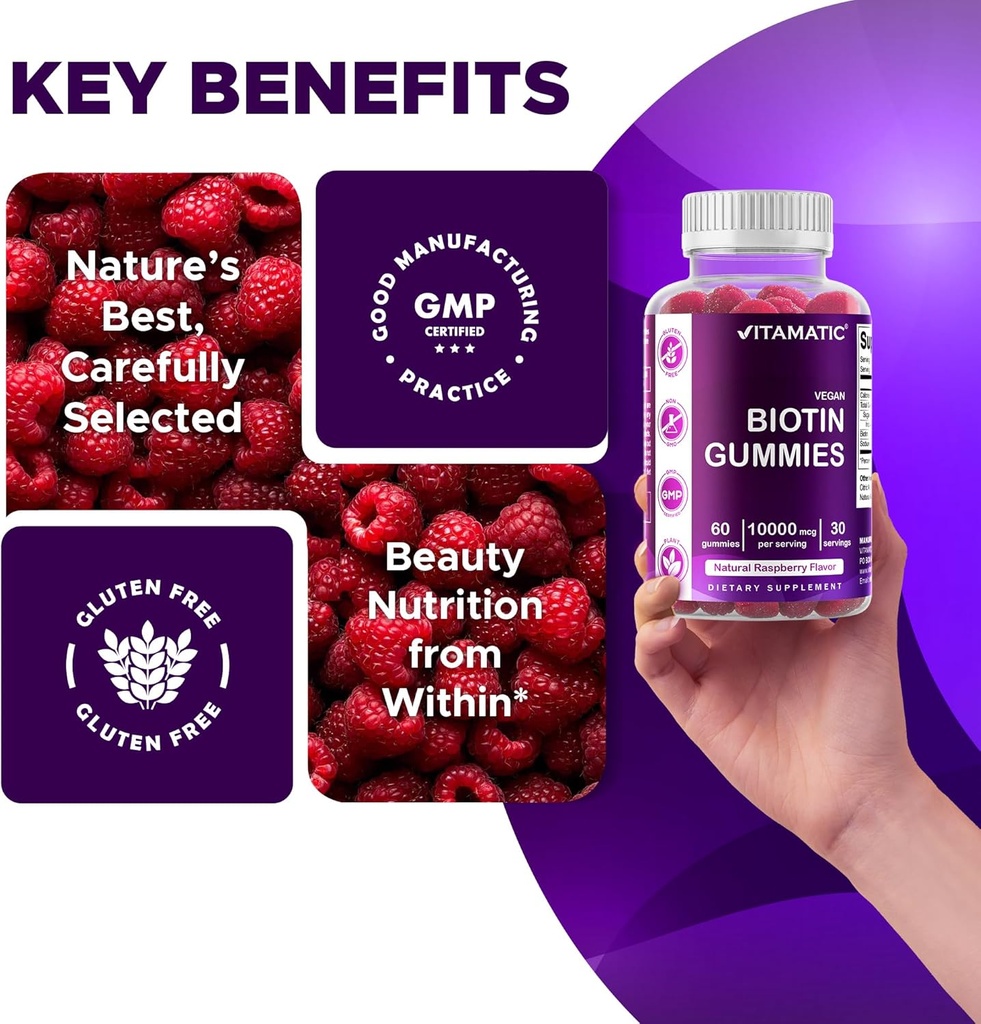 Vitamatic Biotin Gummies 10,000 mcg for Stronger Hair, Skin & Nails - 60 Vegan Gummies - Also Called Vitamin B7 (3 Bottles) 6