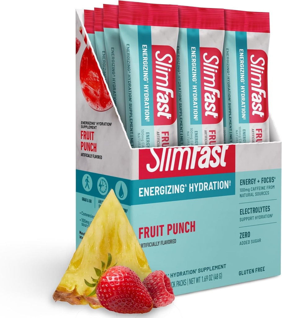 SlimFast Hydration Packets, Intermittent Fasting Electrolytes, Drink Mix Packets, Intermittent Fasting Powder, Energy Powder Drink Mix, Caffeine, Electrolytes for Hydration, Fruit Punch (12 Count) 2