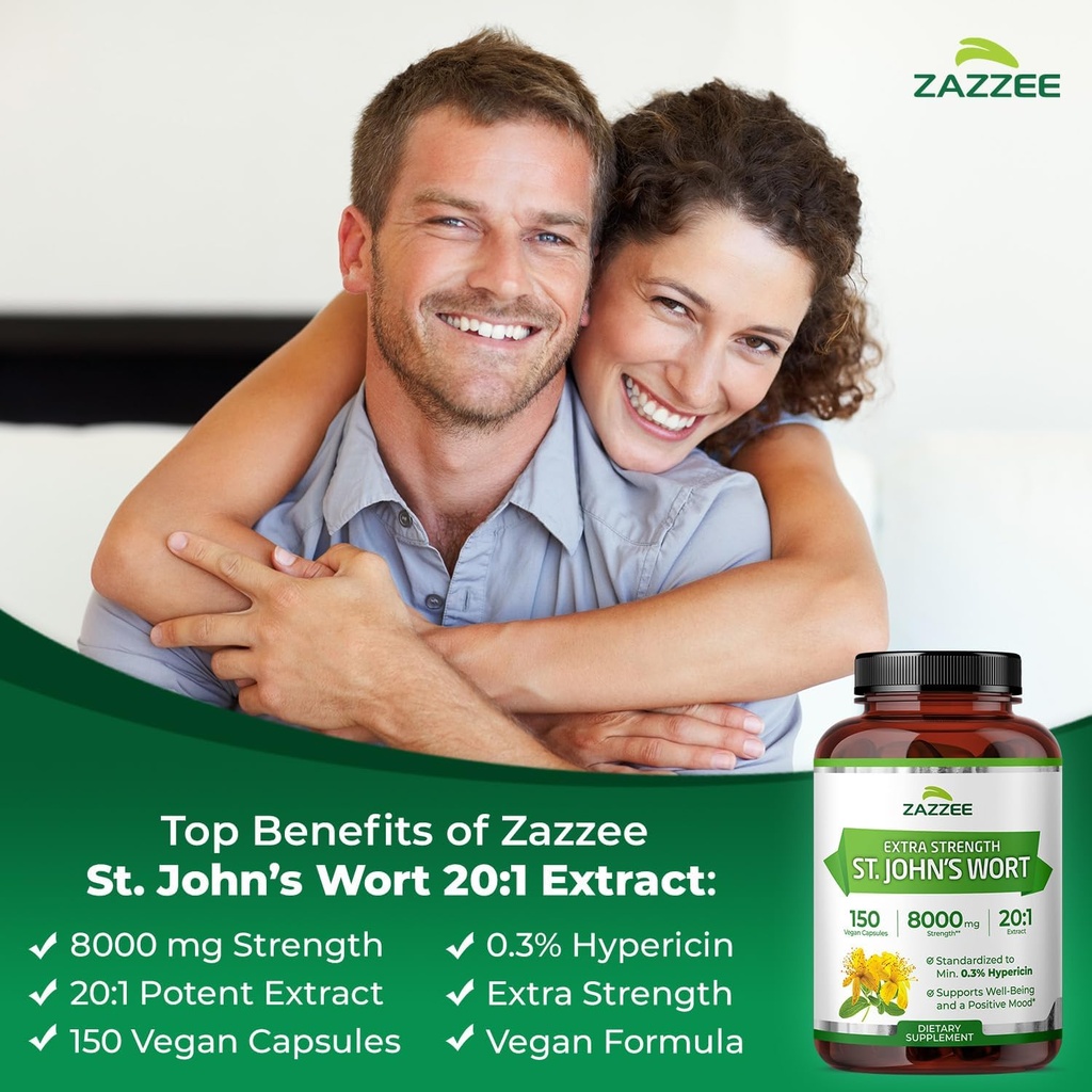 Zazzee Extra Strength St. John’s Wort 20:1 Extract, 8000 mg Strength, 0.3% Hypericin, 150 Vegan Capsules, 5 Month Supply, Concentrated, Standardized 20X Extract, 100% Vegetarian, Non-GMO, All-Natural 4