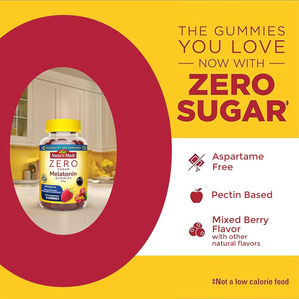 Nature Made Zero Sugar Melatonin 5mg Sleeping Gummies for Adults Extra Strength, 100% Drug Free Sleep Aid, Aspartame Free, 70 Sugar Free Melatonin Gummies, 70 Day Supply 4