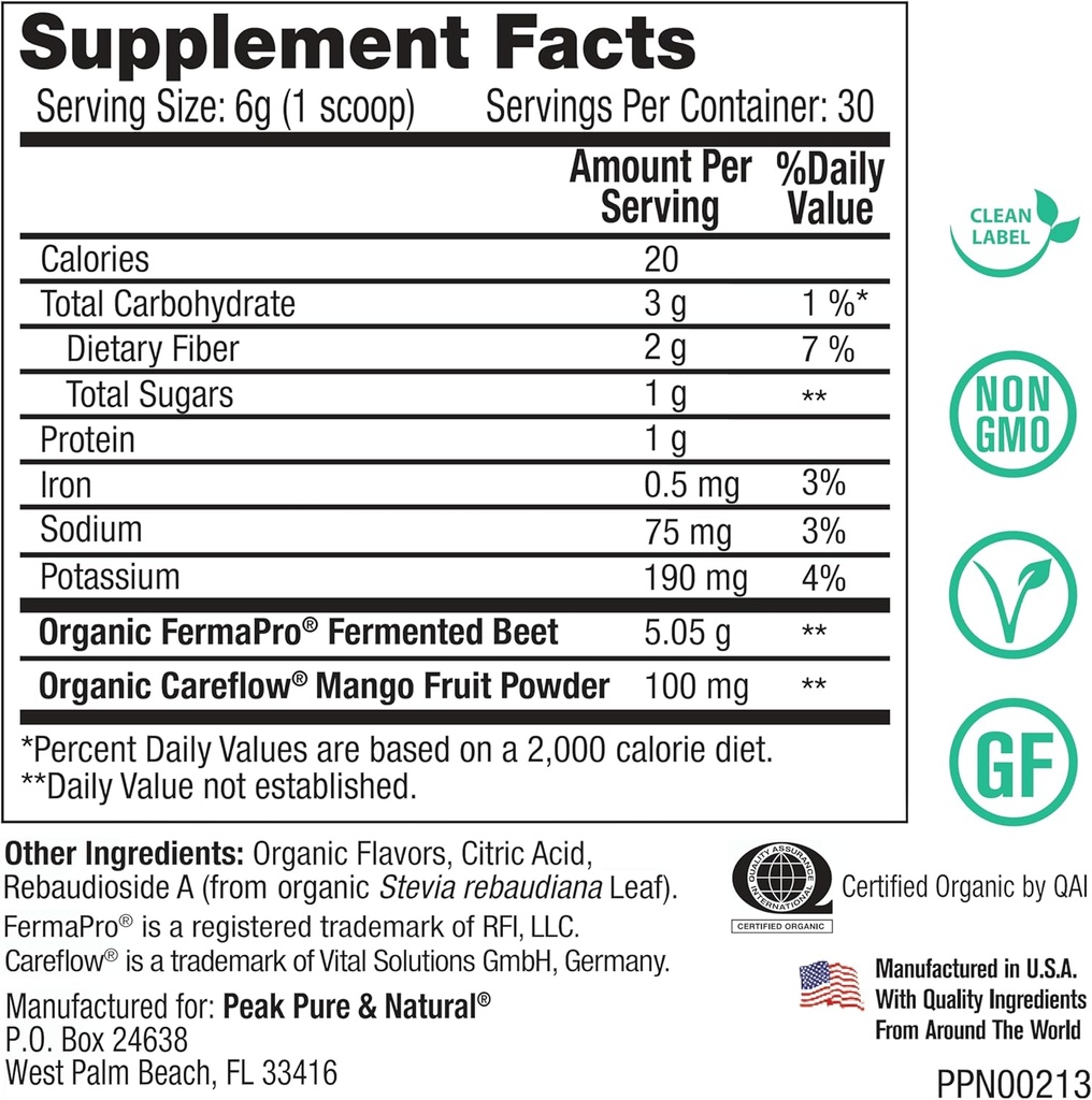 Peak Pure & Natural Peak Organic Fermented Beets - Organic Fermented Beet Powder Superfood Drink Powder - Nitric Oxide Supplement Support for Normal Blood Pressure 3