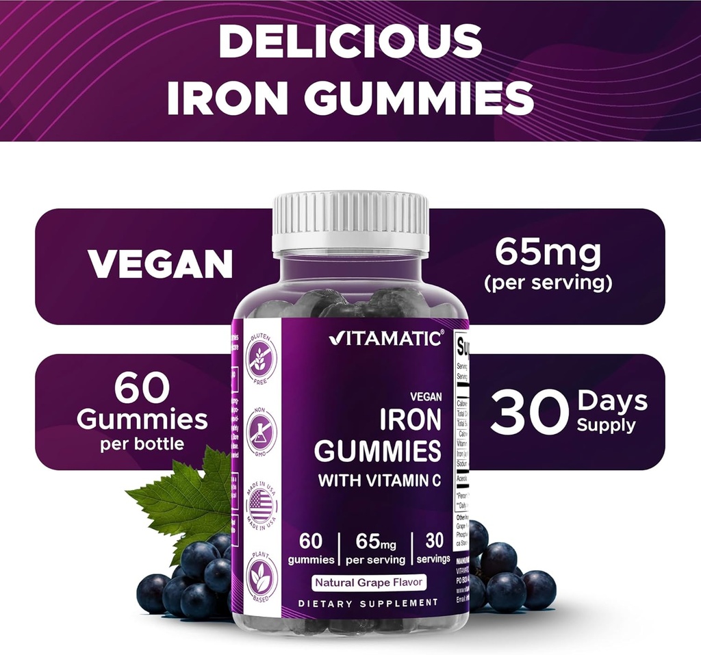 Vitamatic Iron 65 mg Gummies Supplement for Women & Men - 60 Vegan Gummies - Great Tasting Iron Gummy Vitamins with Vitamin C (2) 5