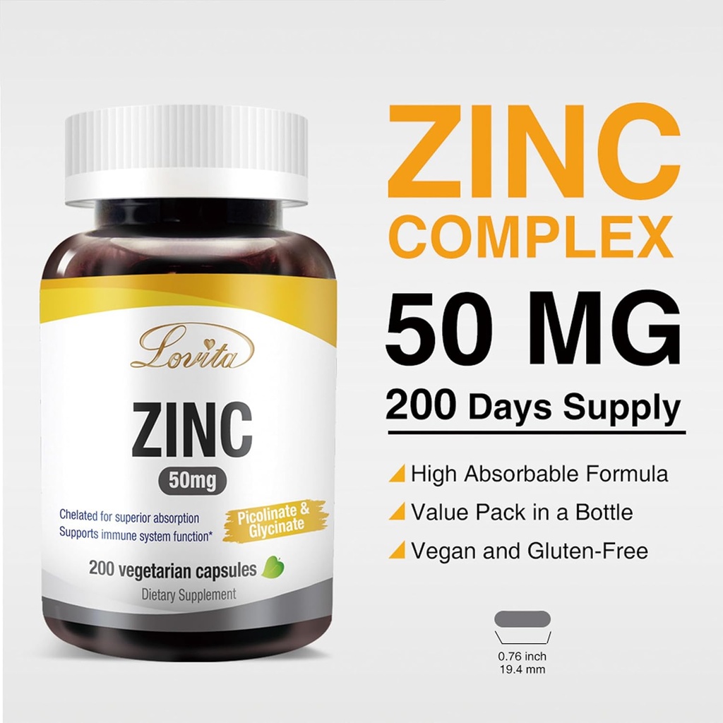 LOVITA Zinc 50mg | Potent Highly-Absorbed Chelated Zinc Supplements, Picolinate & Bisglycinate | Vegan, Gluten Free, non-GMO | For Immune, Antioxidant Support & Healthy Skin | 200 Capsules (Pack of 3) 4