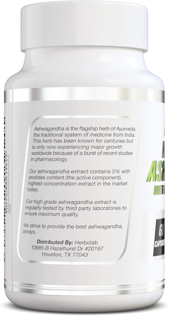 herbolab Ashwagandha KSM 66 15:1 with Black Pepper Extract (Higher Absorption) Max Potency Full Spectrum 5+% Withanolides 4