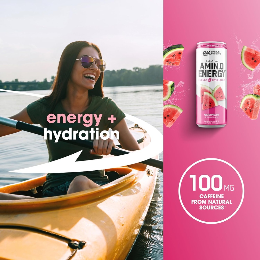 Optimum Nutrition Amino Energy Sparkling Hydration Drink, Electrolytes, Caffeine, Amino Acids, BCAAs, Sugar Free, Watermelon, 12 Fl Oz, 12 Pack (Packaging May Vary) 5