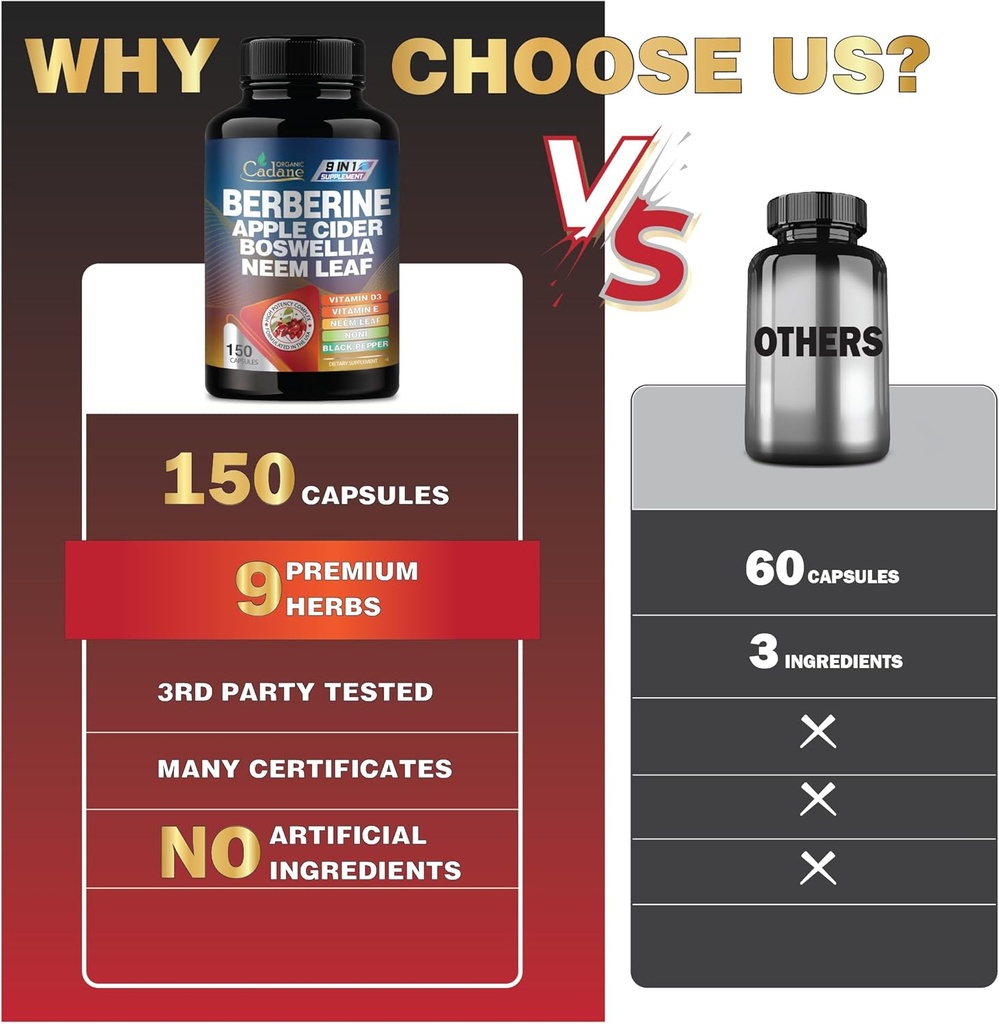 Organic Cadane Berberine Supplement 150 Capsules, with Neem Leaf, Apple Cider Vinegar, VIT D3, E & More - Berberine Extract - Support for Immune System, Digestion & Overall Health 5