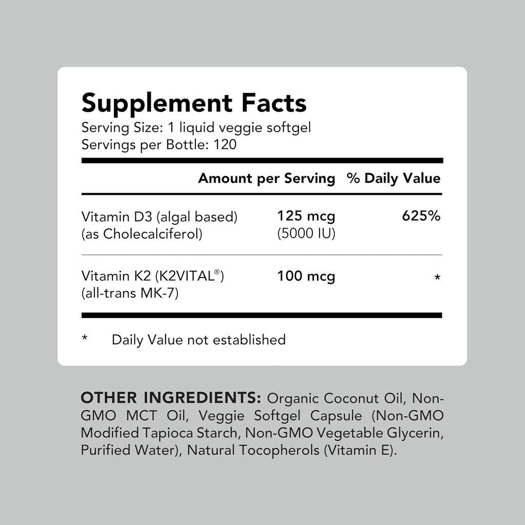 AMANDEAN Vegan Vitamin D3 K2. 5000 iu from Algae. All-Trans MK-7. 120 Softgels. Plant-Based & Carrageenan Free. Organic Coconut Oil Blend. for Mood, Bones, Heart, Immune Health (Packaging May Vary) 6