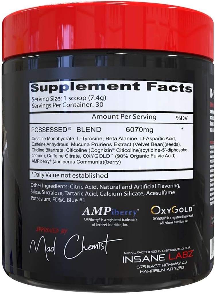 Insane Labz Possessed Low Stimulant Testosterone Boosting Pre Workout Powder, Loaded with D Aspartic Acid and Creatine Fueled by AMPiberry and OXYgold, 30 Srvgs, Gummy Worm 3