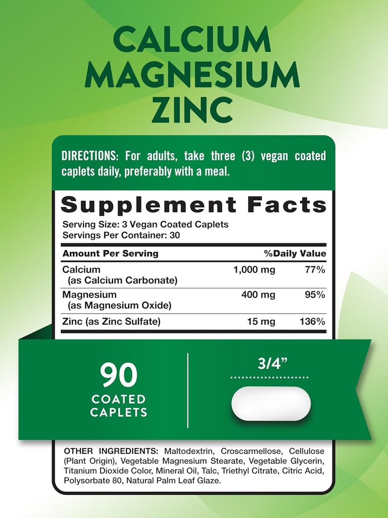 Nature's Truth Calcium Magnesium Zinc | 90 Coated Caplets | Vegan, Non-GMO, and Gluten Free Supplement 3