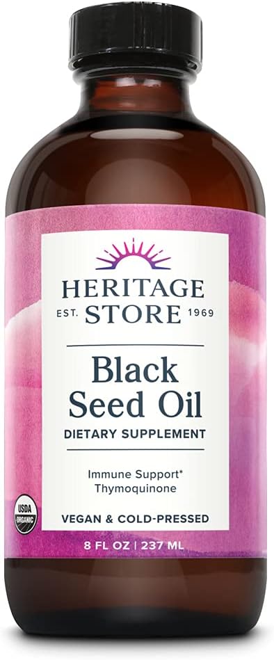 HERITAGE STORE Black Seed Oil, Organic, Cold Pressed Nigella Sativa Supplement with Thymoquinone, Omega 3 6 9, Antioxidant, Immunity, Cholesterol, Digestive, Heart & Join Health Support*, Vegan, 8oz 2
